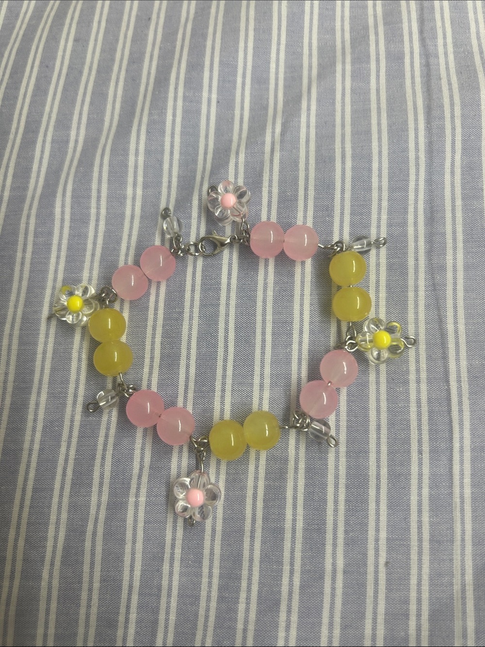 Pink and Yellow Beaded Flower Charm Bracelet